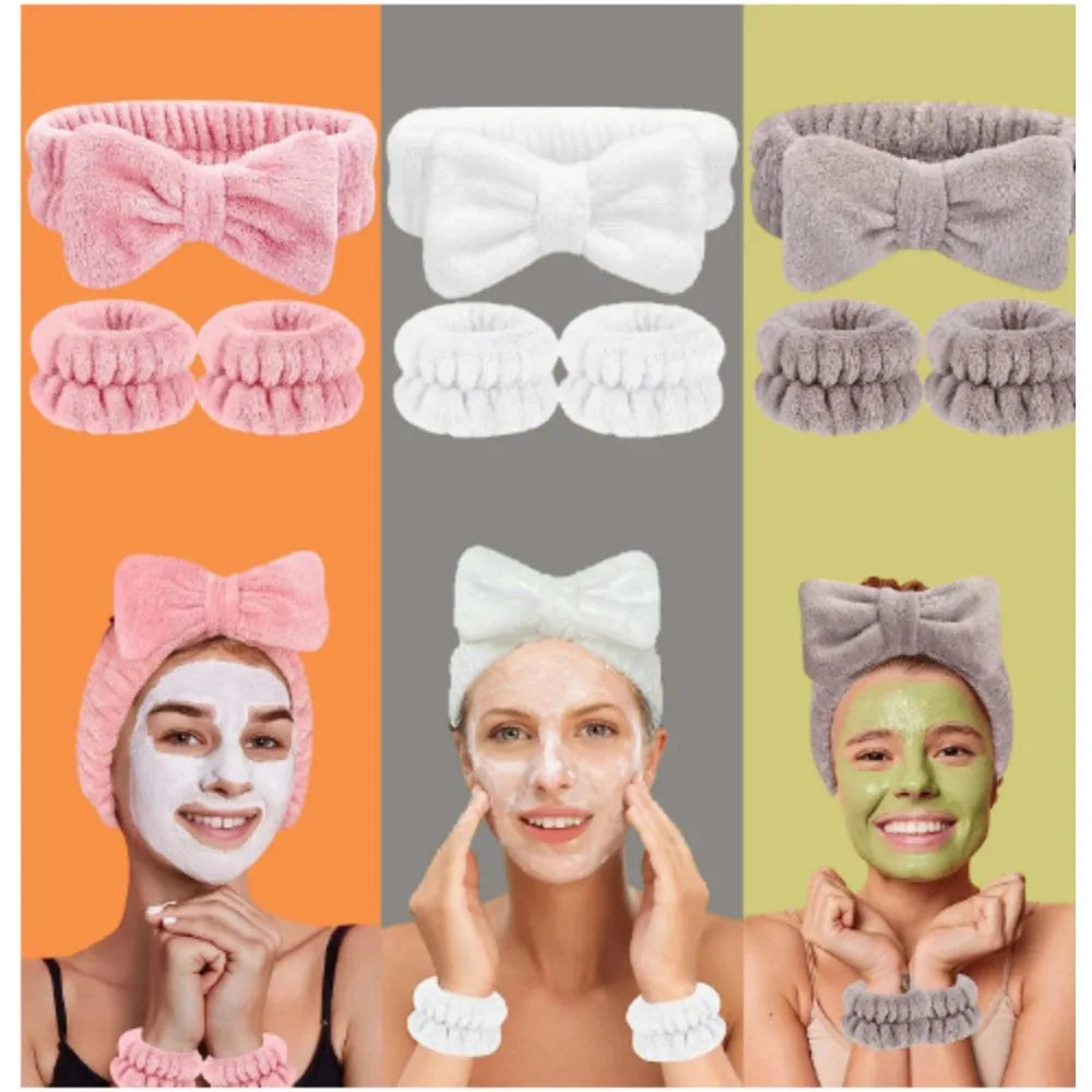 A set of pink and white microfiber spa headbands and wristbands shown on models.