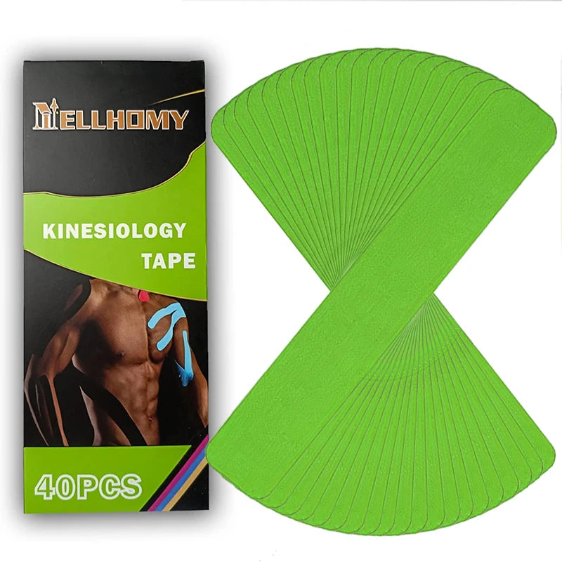 Un paquete de cinta kinesiológica verde con un rollo brillante de color verde junto a la caja del producto.