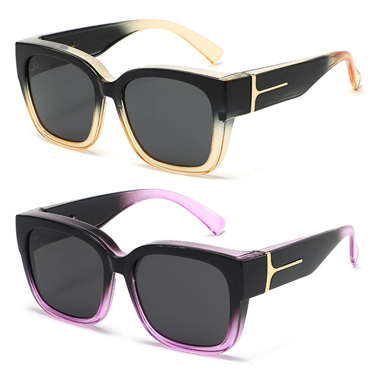 Black sunglasses with gold accents and purple lenses shown in a studio shot.
