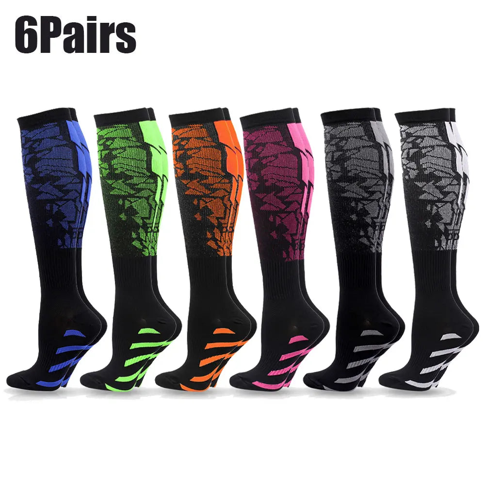 Six pairs of multi-use sport compression socks in various colors including blue, green, orange, and pink.
