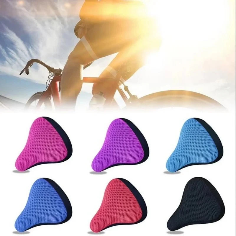 A collection of various colored breathable 3D mesh bicycle saddle cushions shown from different angles.