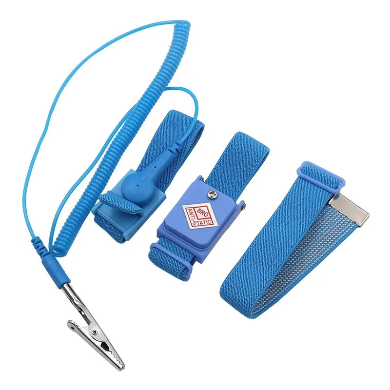 Blue adjustable ESD wrist strap with a metal clip and nylon strap for electronics safety