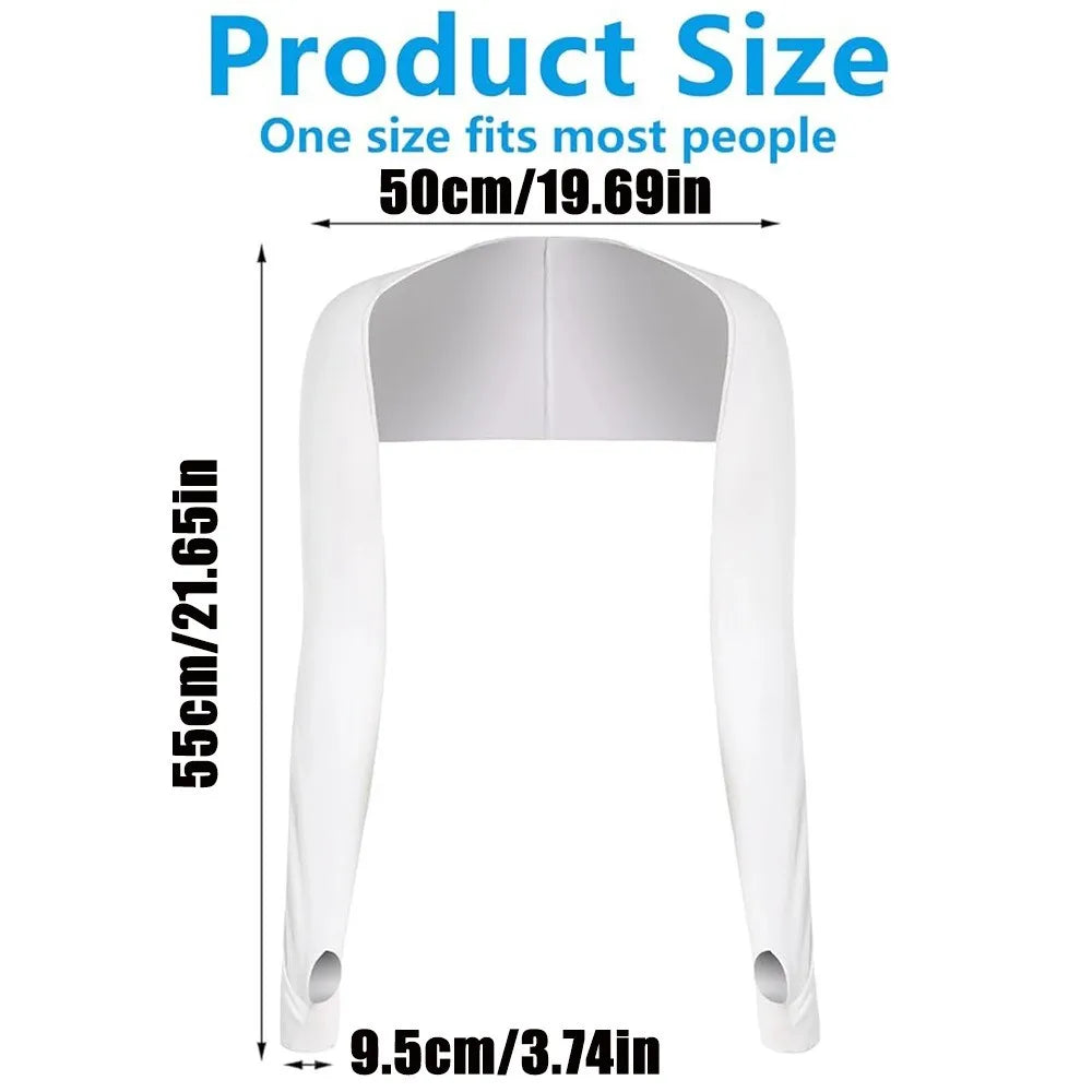 White ice silk sun protection arm sleeves displayed with size measurements.