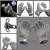 A collection of grey knitted protection gloves showing various views and applications.