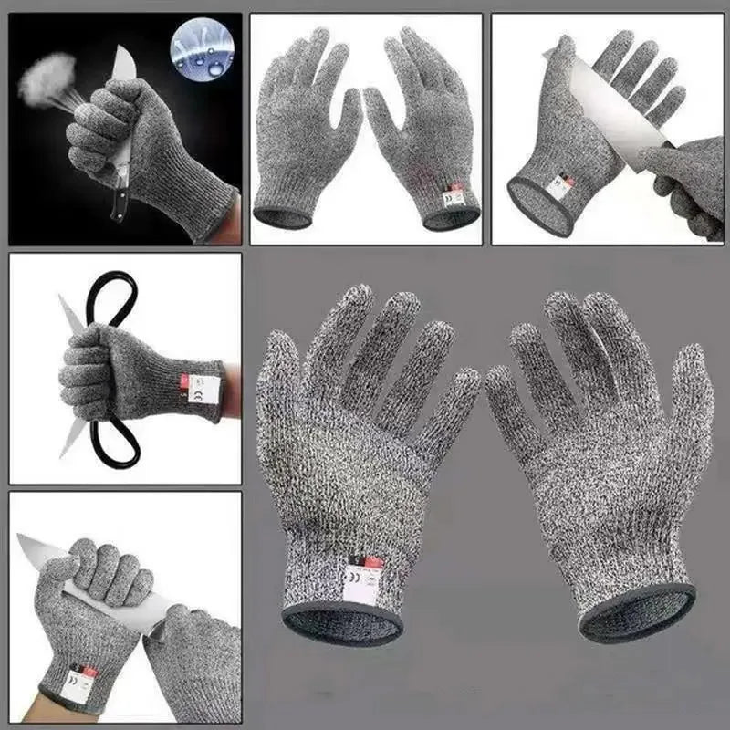 A collection of grey knitted protection gloves showing various views and applications.