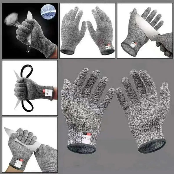 A collection of grey knitted protection gloves showing various views and applications.