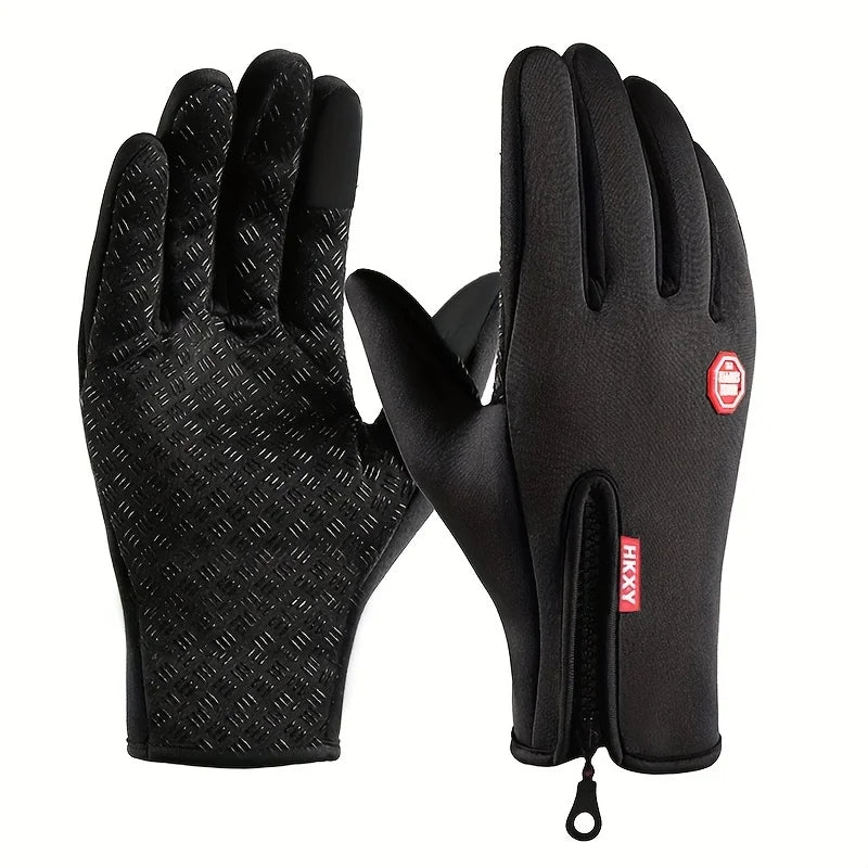 A pair of black warm windproof outdoor cycling and driving gloves shown against a white background.