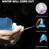 A hand is squeezing a blue water bottle, demonstrating that water comes out. The product is foldable and portable.