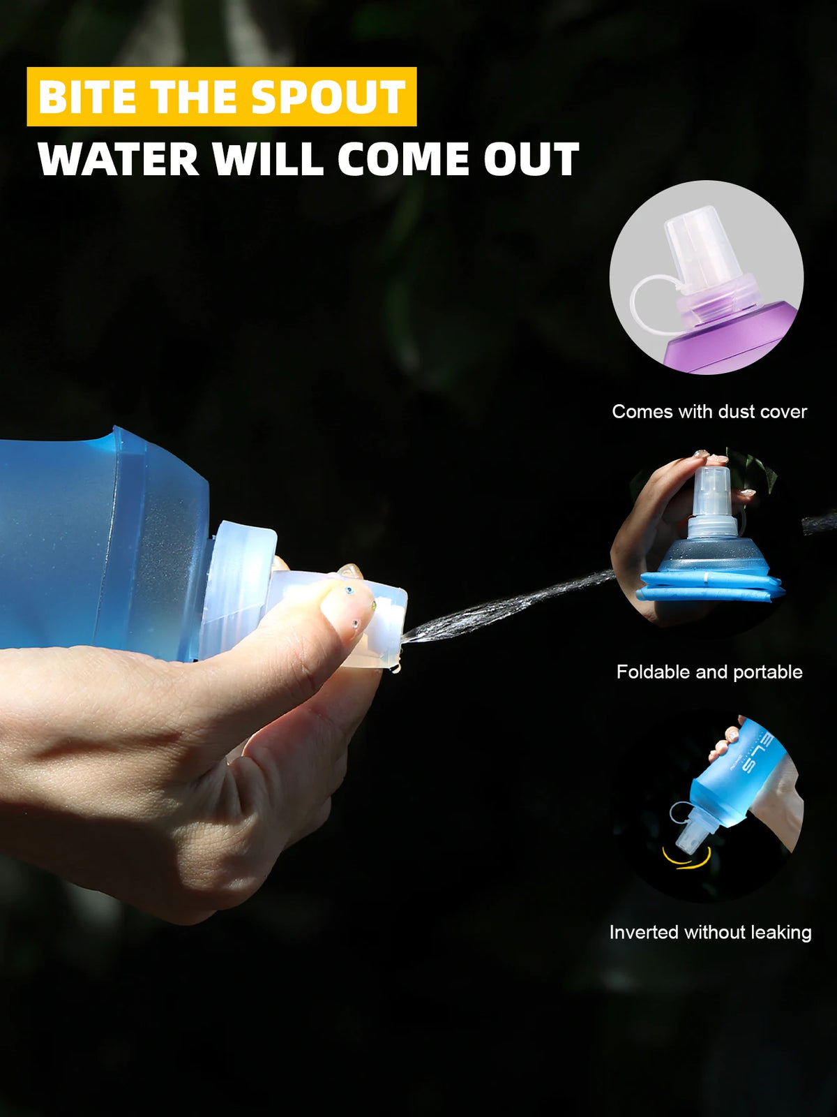A hand is squeezing a blue water bottle, demonstrating that water comes out. The product is foldable and portable.