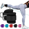 A collection of adjustable neoprene ankle straps in various colors and sizes shown next to a person's leg.