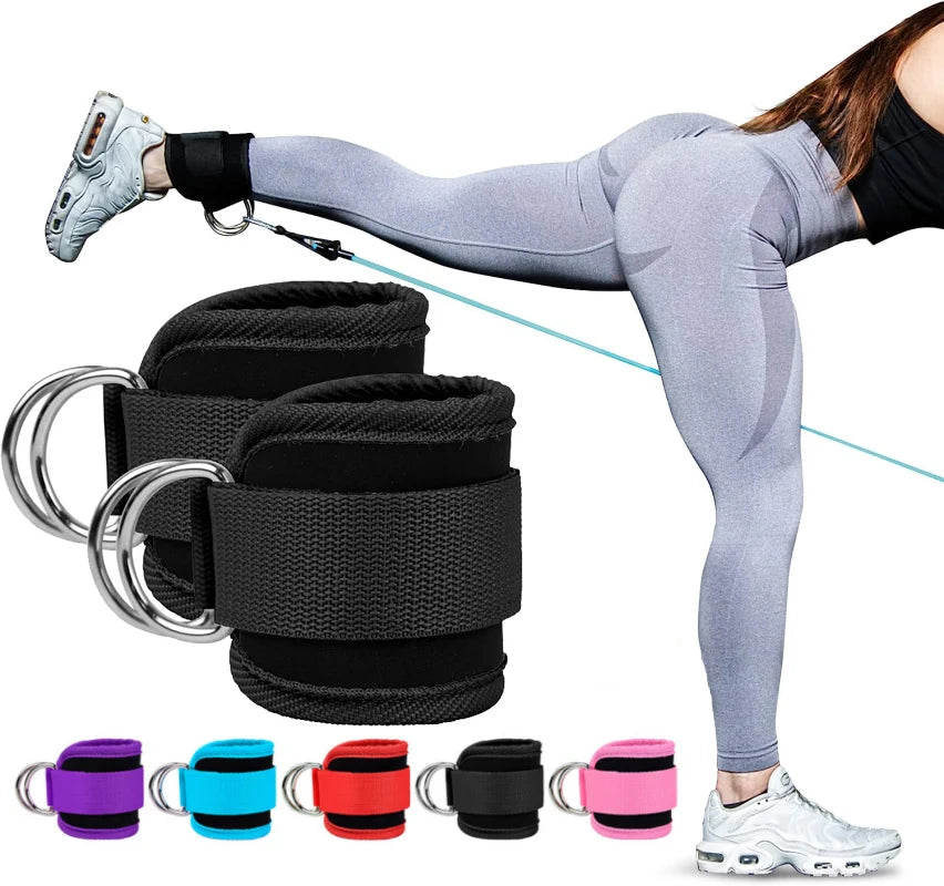 A collection of adjustable neoprene ankle straps in various colors and sizes shown next to a person's leg.