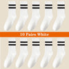 Ten pairs of white breathable cotton sport socks displayed in a flat lay arrangement.