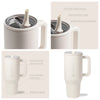 White insulated stainless steel water bottle with a handle and a circular flip straw.