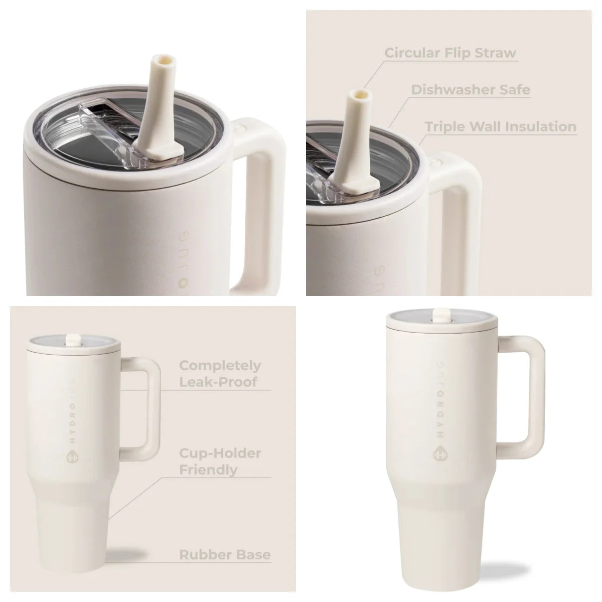 White insulated stainless steel water bottle with a handle and a circular flip straw.