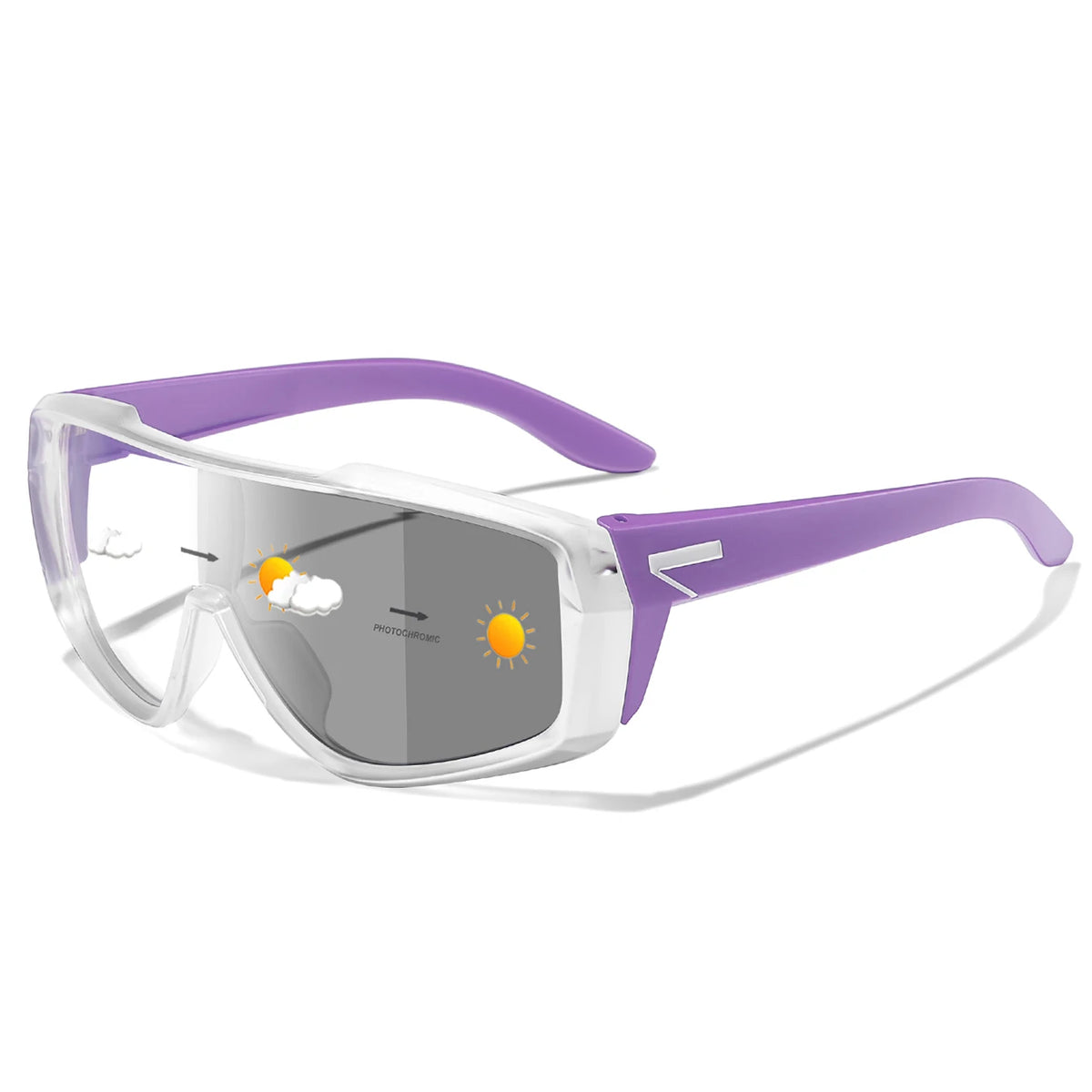 Purple photochromic sports sunglasses with a clear frame and arm for outdoor activities