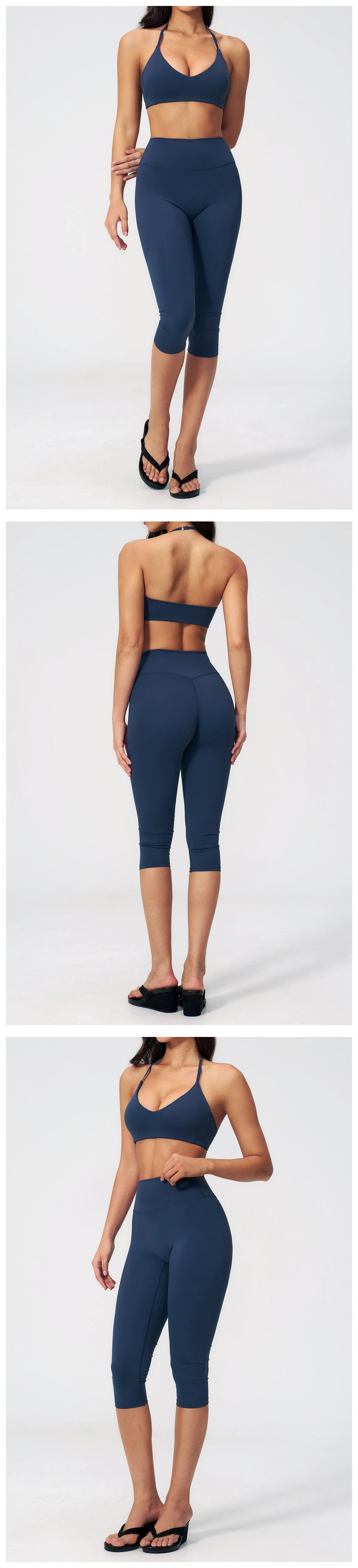 A woman models a navy blue women's premium fitness tracksuit, showing full-length shots of the top and leggings.