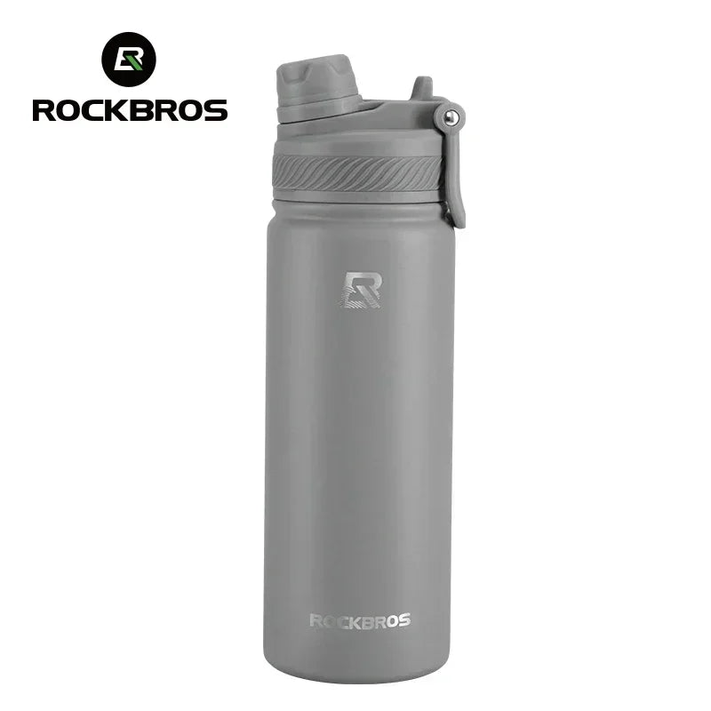 A gray insulated stainless steel thermal water bottle with a screw-on cap.