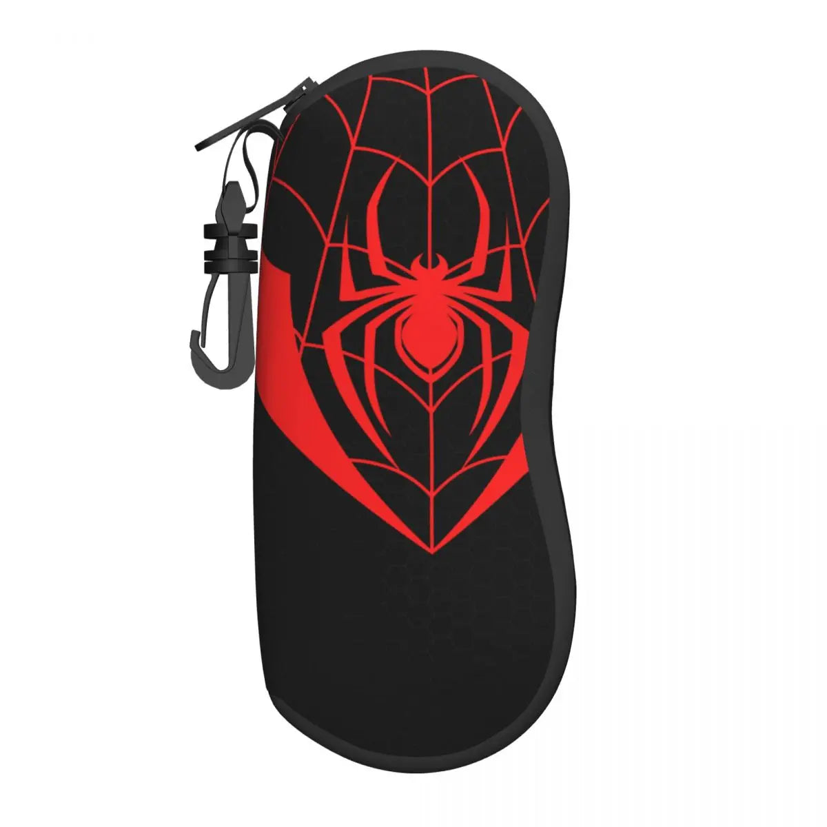 Black silicone eyeglass pouch featuring a red spider web design and a black strap.