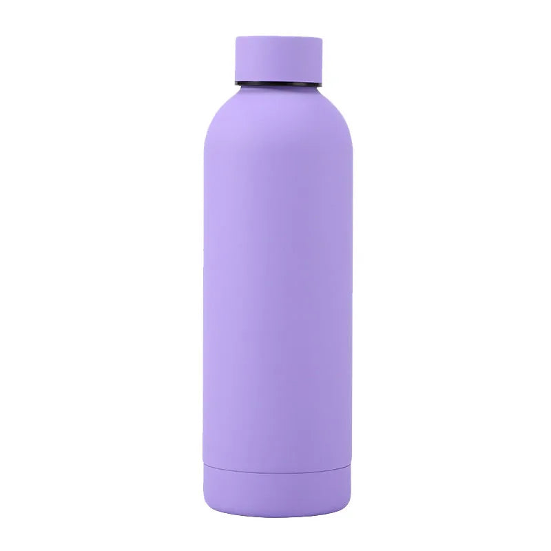 A purple insulated stainless steel thermos cup with a black lid.