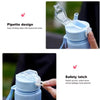 A close-up of a light blue water bottle with a straw and handle, showing a safety latch mechanism.