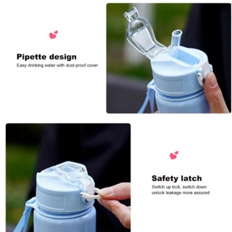 A close-up of a light blue water bottle with a straw and handle, showing a safety latch mechanism.