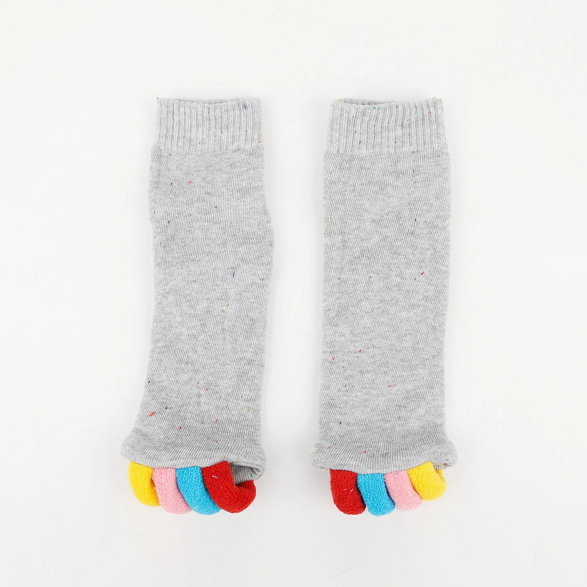 A pair of gray knitted five-finger yoga socks with colorful toe tips