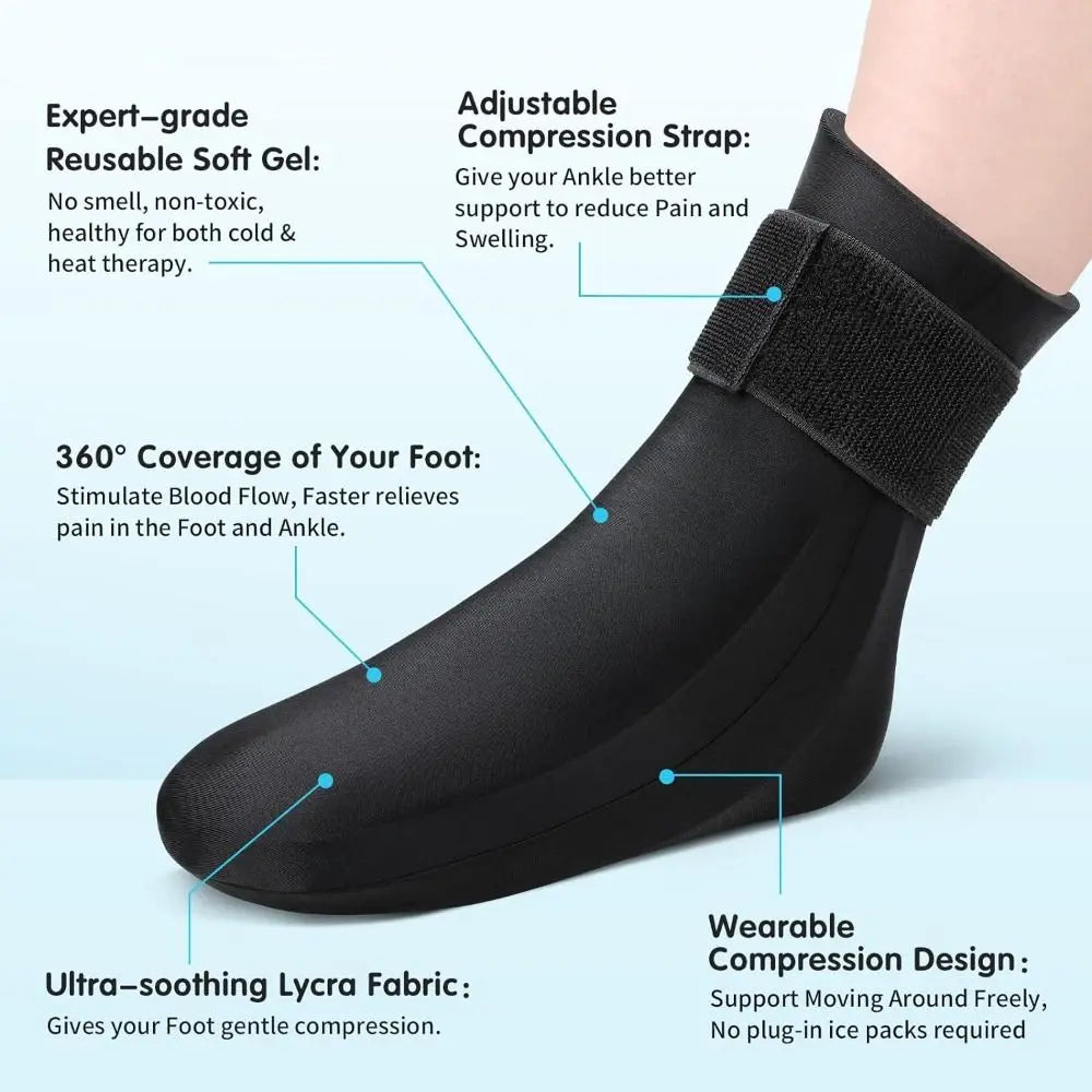 Black reusable soft gel compression socks designed for ankle pain relief and cold therapy