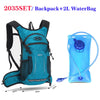 A teal hydration backpack with a black strap and a separate blue water bag is shown next to it.