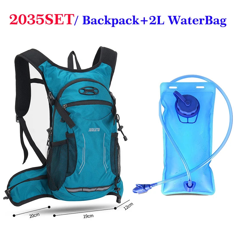 A teal hydration backpack with a black strap and a separate blue water bag is shown next to it.