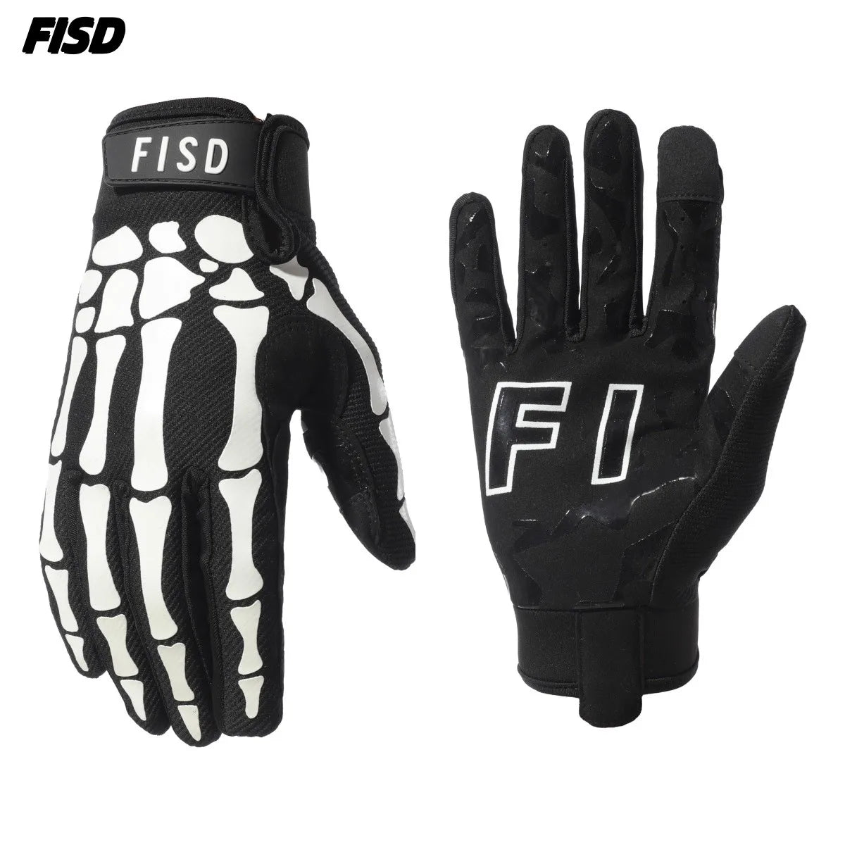 Black and white full finger motocross motorcycle gloves with the FISD logo visible on the palm.