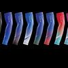 A row of nine dynamic breathable arm sleeves in various shades of blue, purple, and pink displayed vertically.