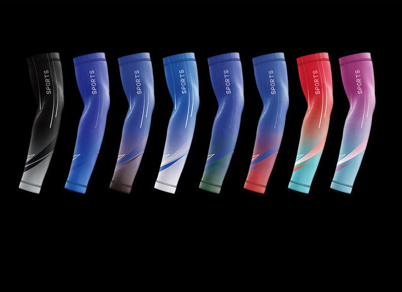 A row of nine dynamic breathable arm sleeves in various shades of blue, purple, and pink displayed vertically.