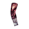 A close-up of a dark red and black patterned arm sleeve featuring an aggressive dragon head design.