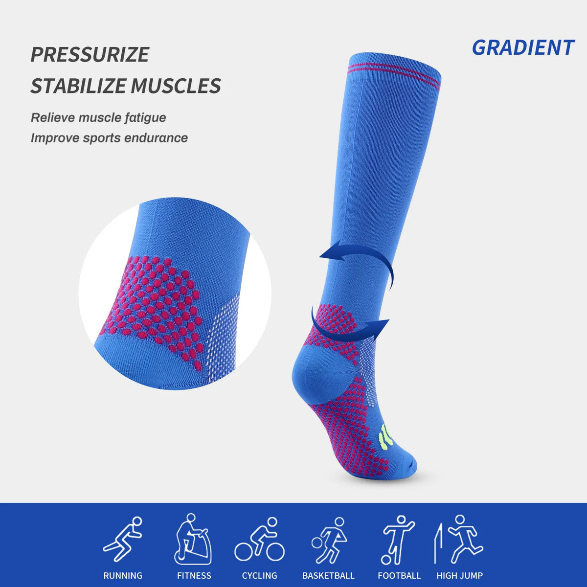 Blue gradient compression socks with red patterned areas shown next to various sports activities.