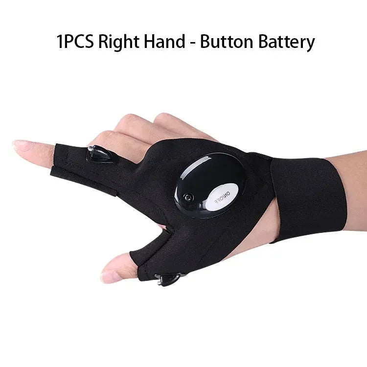 A hand wearing a black tactical glove with a button battery is shown.