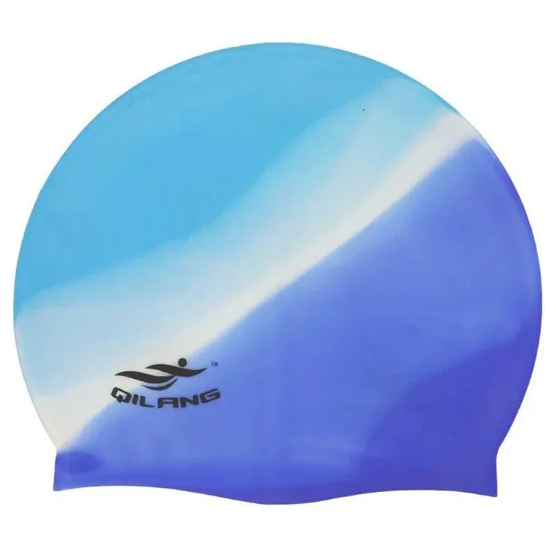 A blue and white gradient silicone swim cap showing a smooth, wavy design.