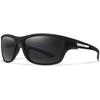Black polarized cycling sunglasses with a dark lens and a silver accent on the temple arm.