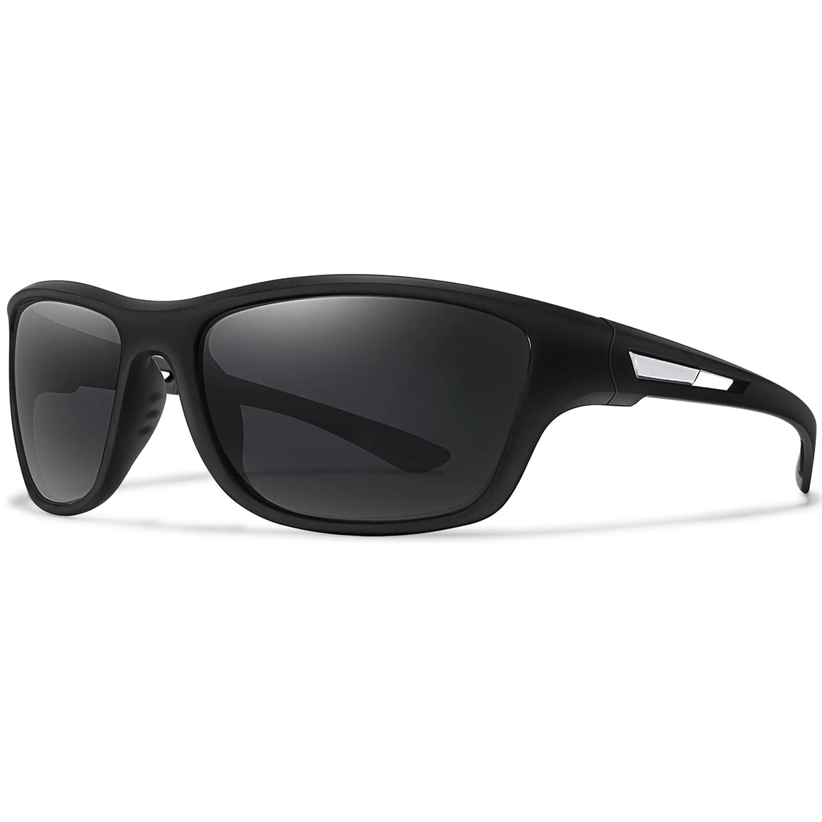 Black polarized cycling sunglasses with a dark lens and a silver accent on the temple arm.