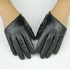 Black PU leather finger gloves worn on a hand, showing the palm and fingers.