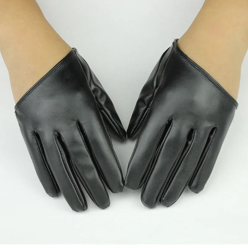 Black PU leather finger gloves worn on a hand, showing the palm and fingers.