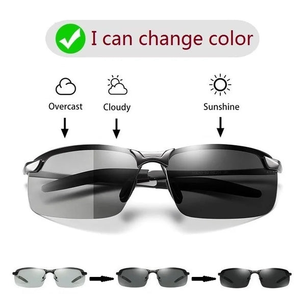 Un conjunto de gafas polarizadas foto-cromáticas mostradas en diversas condiciones de luz.