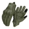 Olive green vintage leather motorcycle riding gloves shown from above