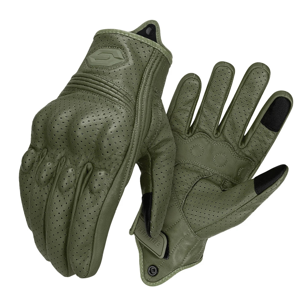 Olive green vintage leather motorcycle riding gloves shown from above