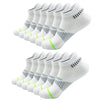 A set of white crew socks for men with black and green stripes, displayed in a row.