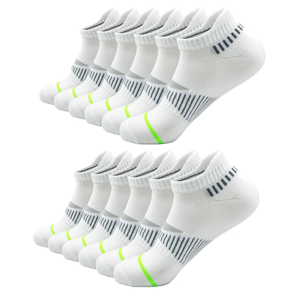 A set of white crew socks for men with black and green stripes, displayed in a row.