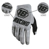 Gray cycling gloves with black racing logo and text on the palm and back of the hand