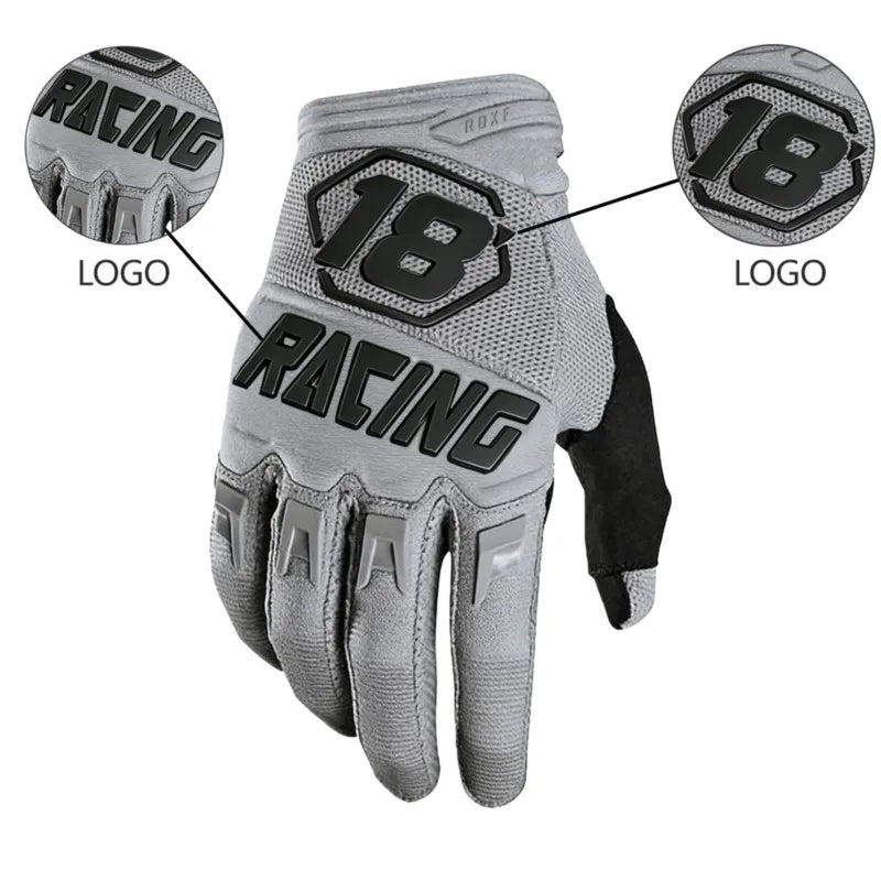 Gray cycling gloves with black racing logo and text on the palm and back of the hand