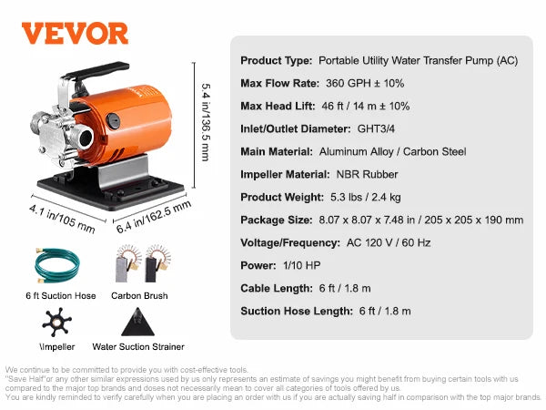 Portable Electric Utility Pump for Gardens, Pools, and Rain Barrels