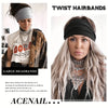 A collage showing large grey headbands and twist hairbands worn by a model.