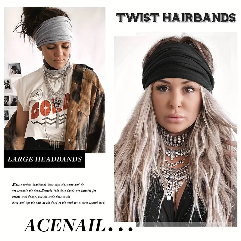 A collage showing large grey headbands and twist hairbands worn by a model.